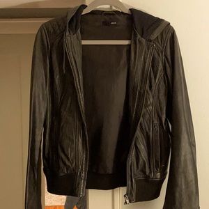 Black leather jacket with hood
